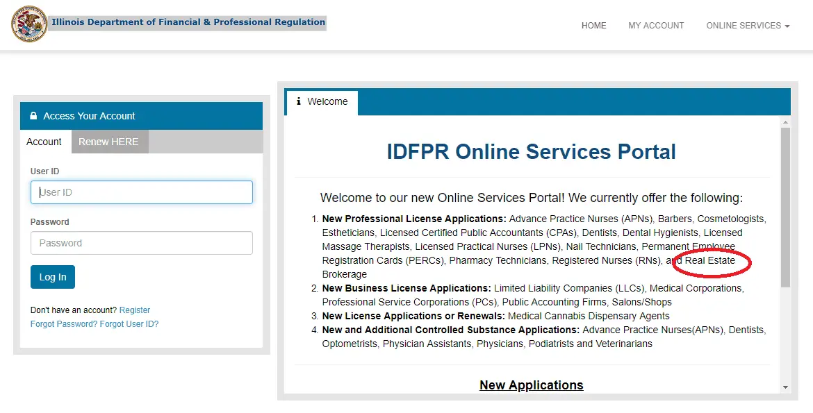 Screen shot of the IDFPR website. This is to apply for the real estate license in Illinois