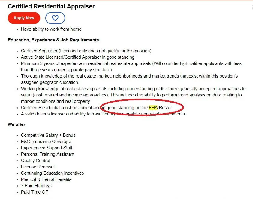 FHA Appraiser Job Listing