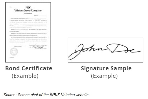 Indiana notary bond certificate and signature sample