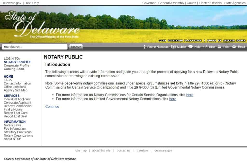State of Delaware Notary Public website