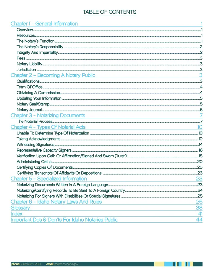 Idaho Notary Public Handbook Table of Contents