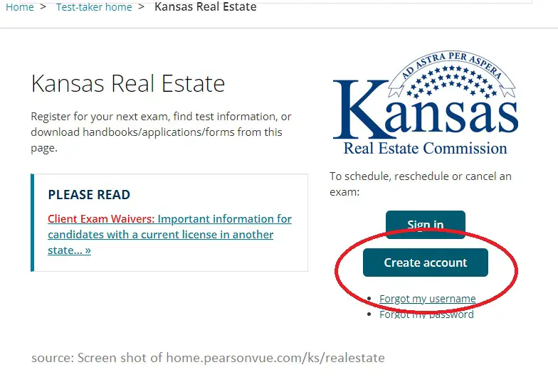 screen shot of the Pearson Vue Kansas real estate exam registration