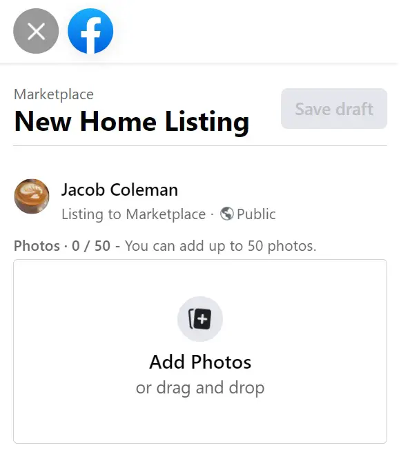 Facebook Marketplace New Home Listing