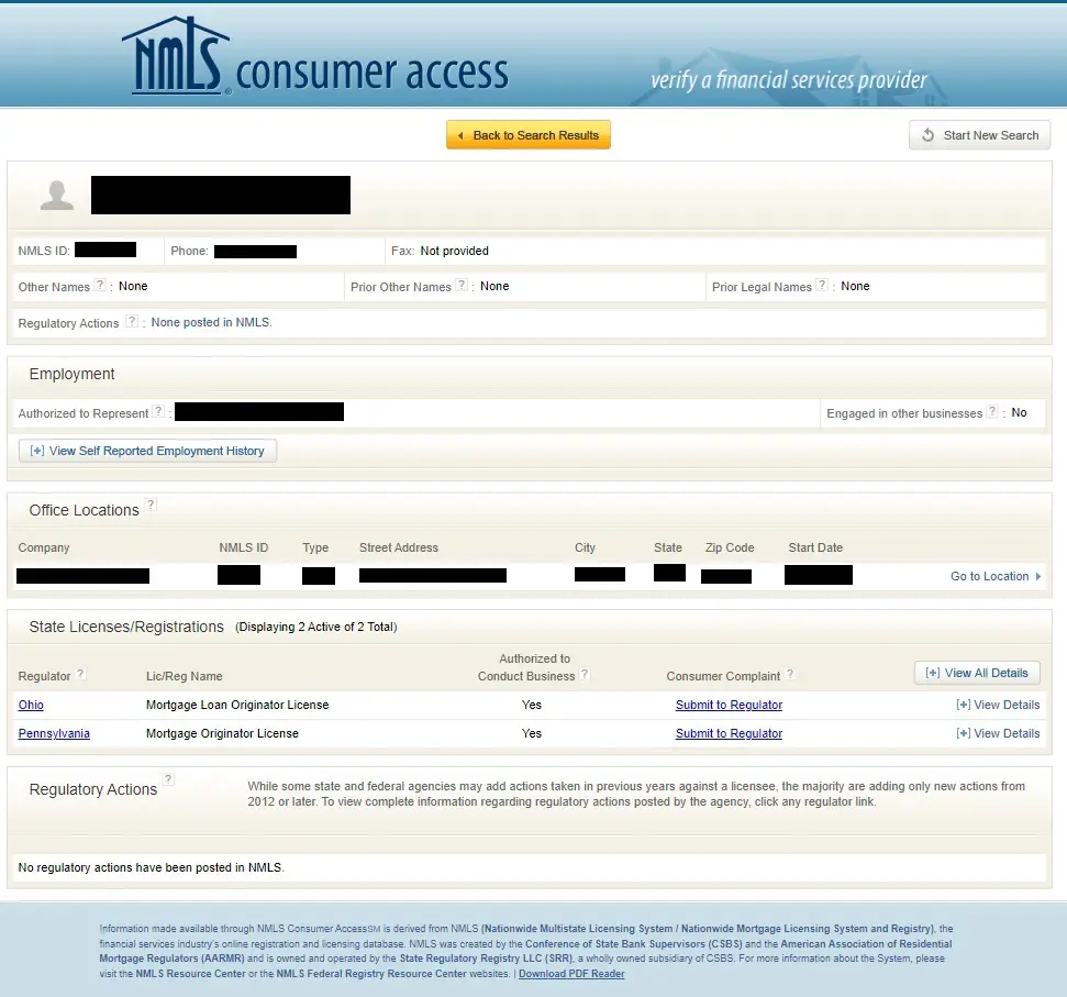 Screen shot of the NMLS consumer access database