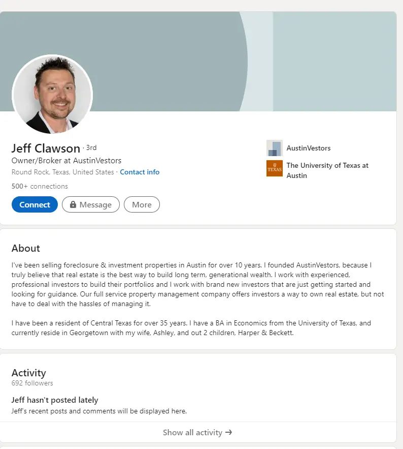 Jeff Clawson Owner/Broker at Austin Vestors LinkedIn Profile