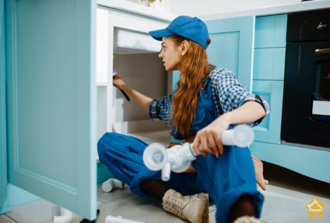 Plumber fixing kitchen pipe